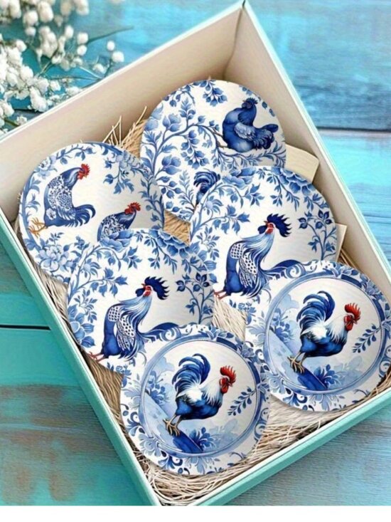 Other - Wood Rooster Coasters in Blue & White Chinoiserie Style 6pcs Cottagecore